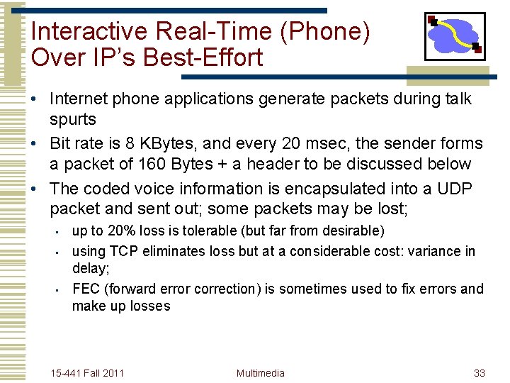 Interactive Real-Time (Phone) Over IP’s Best-Effort • Internet phone applications generate packets during talk