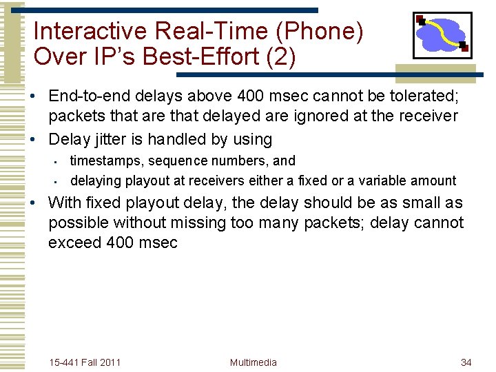 Interactive Real-Time (Phone) Over IP’s Best-Effort (2) • End-to-end delays above 400 msec cannot