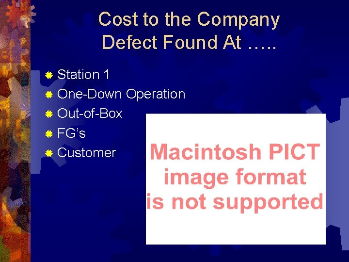 Cost to the Company Defect Found At …. . ® Station 1 ® One-Down