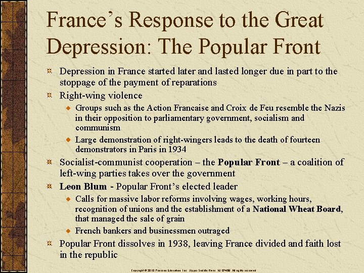 France’s Response to the Great Depression: The Popular Front Depression in France started later