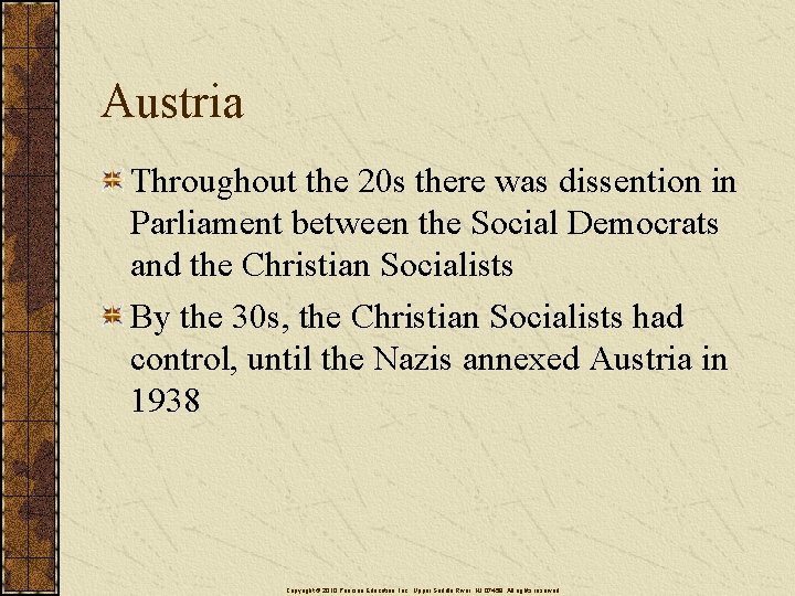 Austria Throughout the 20 s there was dissention in Parliament between the Social Democrats