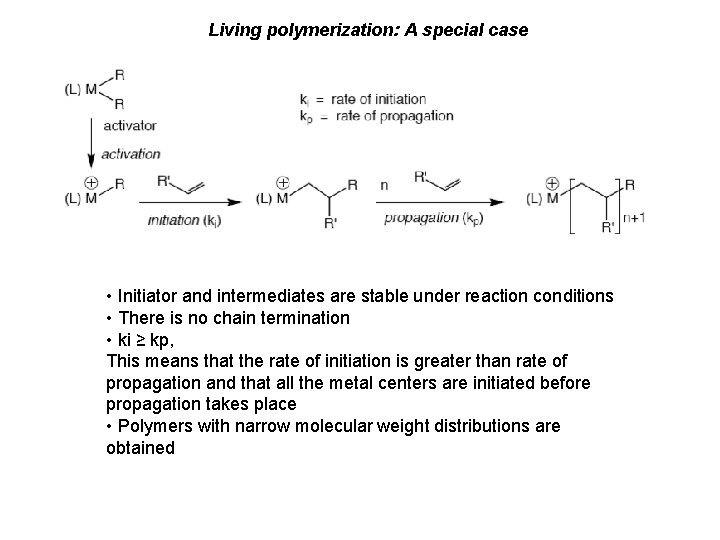 Living polymerization: A special case • Initiator and intermediates are stable under reaction conditions