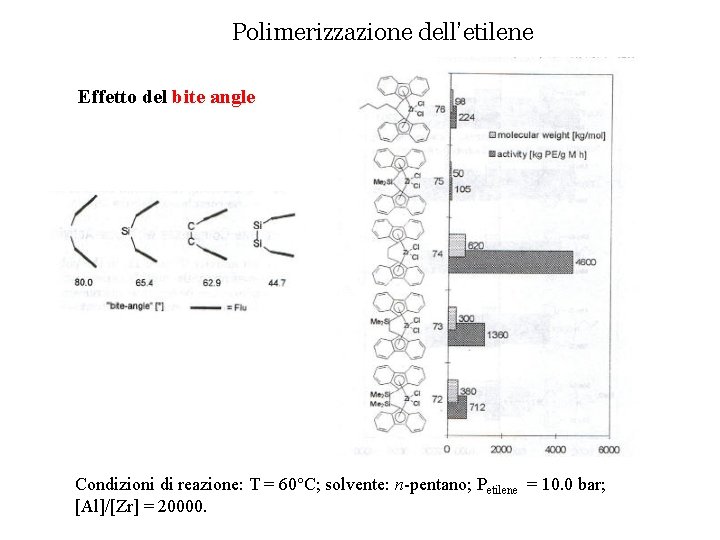 Polimerizzazione dell’etilene Effetto del bite angle Condizioni di reazione: T = 60°C; solvente: n-pentano;