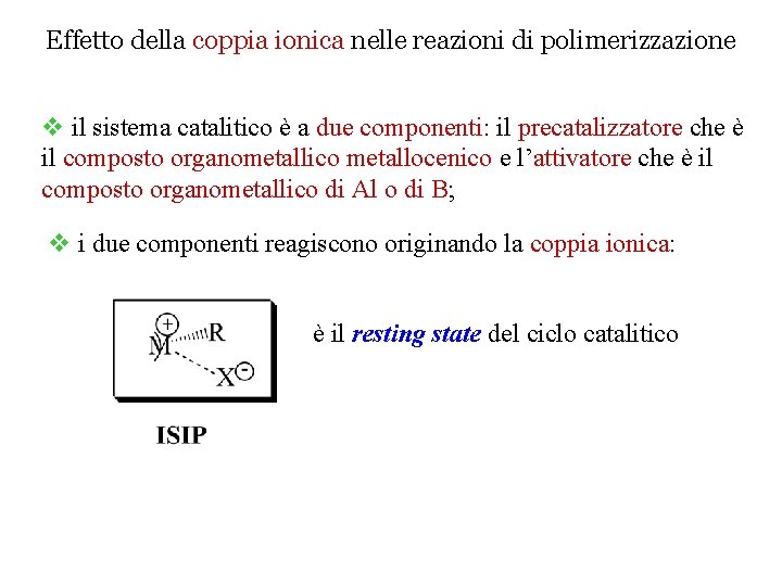 Effetto della coppia ionica nelle reazioni di polimerizzazione v il sistema catalitico è a