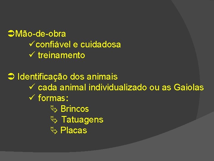  Mão-de-obra confiável e cuidadosa treinamento Identificação dos animais cada animal individualizado ou as