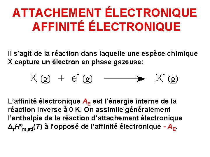 ATTACHEMENT ÉLECTRONIQUE AFFINITÉ ÉLECTRONIQUE Il s’agit de la réaction dans laquelle une espèce chimique