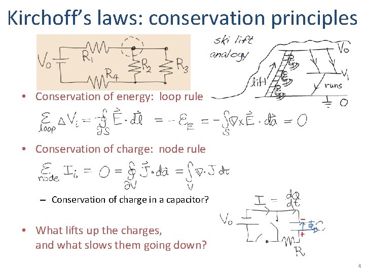 Kirchoff’s laws: conservation principles • Conservation of energy: loop rule • Conservation of charge: