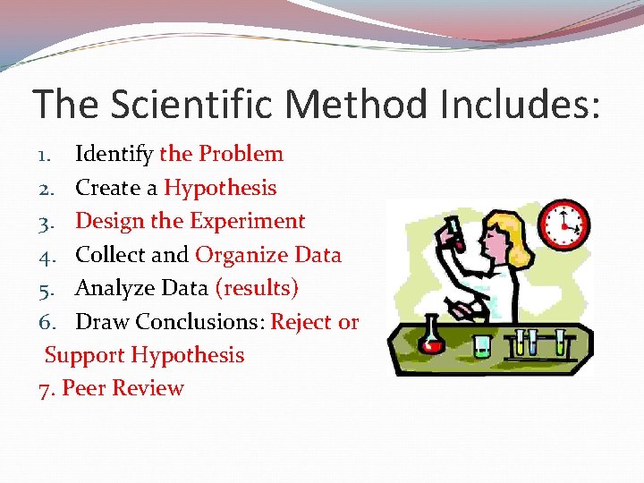 The Scientific Method Includes: 1. Identify the Problem 2. Create a Hypothesis 3. Design