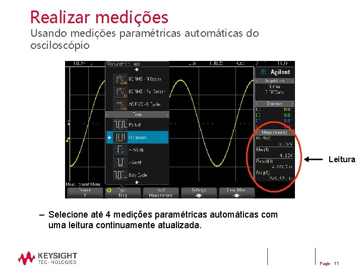 Realizar medições Usando medições paramétricas automáticas do osciloscópio Leitura – Selecione até 4 medições