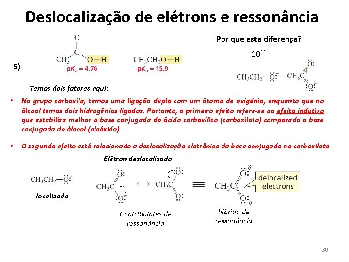 Deslocalização de elétrons e ressonância Por que esta diferença? 1011 < 5) < Temos