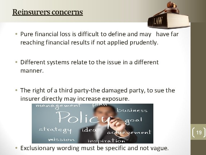 Reinsurers concerns • Pure financial loss is difficult to define and may have far Reinsurers concerns • Pure financial loss is difficult to define and may have far