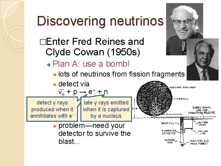 Discovering neutrinos �Enter Fred Reines and Clyde Cowan (1950 s) ● Plan A: use