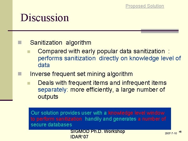 Proposed Solution Discussion Sanitization algorithm Compared with early popular data sanitization : performs sanitization