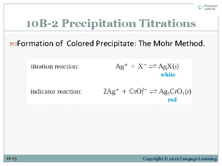 10 B-2 Precipitation Titrations Formation of Colored Precipitate: The Mohr Method. 10 -25 Copyright