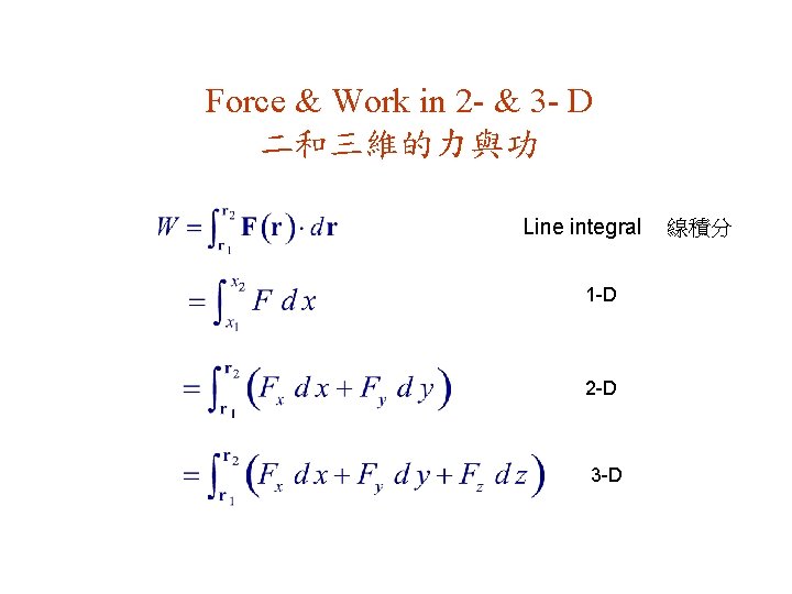 Force & Work in 2 - & 3 - D 二和三維的力與功 Line integral 1