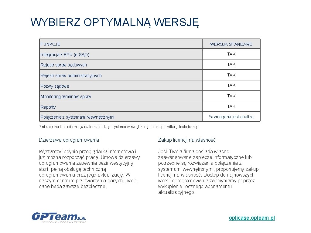 WYBIERZ OPTYMALNĄ WERSJĘ WERSJA STANDARD FUNKCJE Integracja z EPU (e-SĄD) TAK Rejestr spraw sądowych WYBIERZ OPTYMALNĄ WERSJĘ WERSJA STANDARD FUNKCJE Integracja z EPU (e-SĄD) TAK Rejestr spraw sądowych