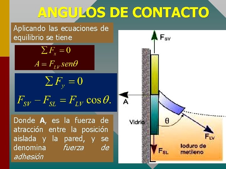 ANGULOS DE CONTACTO Aplicando las ecuaciones de equilibrio se tiene Donde A, es la