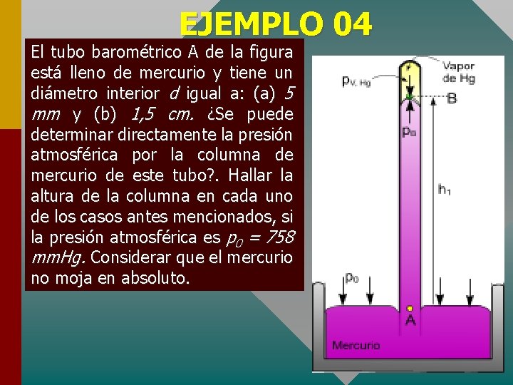 EJEMPLO 04 El tubo barométrico A de la figura está lleno de mercurio y