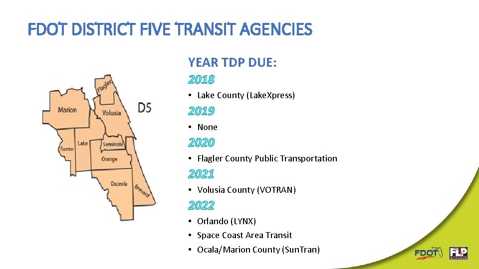 FDOT DISTRICT FIVE TRANSIT AGENCIES YEAR TDP DUE: 2018 • Lake County (Lake. Xpress) FDOT DISTRICT FIVE TRANSIT AGENCIES YEAR TDP DUE: 2018 • Lake County (Lake. Xpress)