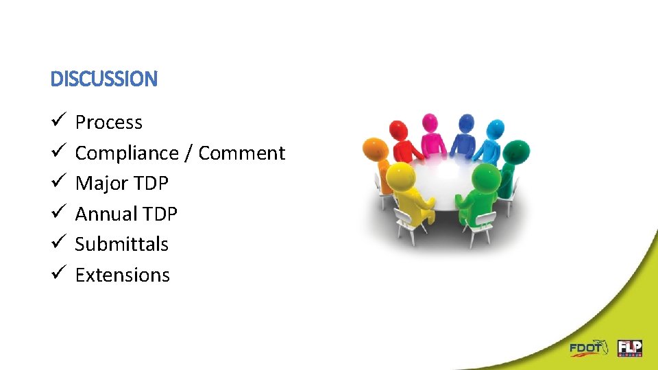 DISCUSSION ü ü ü Process Compliance / Comment Major TDP Annual TDP Submittals Extensions DISCUSSION ü ü ü Process Compliance / Comment Major TDP Annual TDP Submittals Extensions