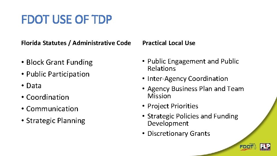 FDOT USE OF TDP Florida Statutes / Administrative Code Practical Local Use • Block FDOT USE OF TDP Florida Statutes / Administrative Code Practical Local Use • Block