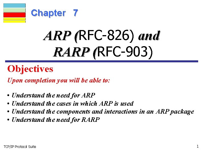 Chapter 7 ARP (RFC-826) and ( RARP (RFC-903) ( Objectives Upon completion you will