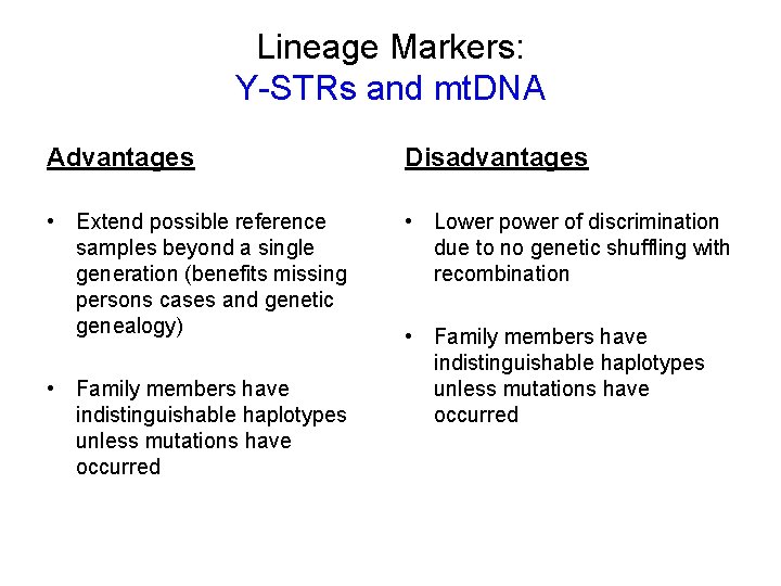 Lineage Markers: Y-STRs and mt. DNA Advantages Disadvantages • Extend possible reference samples beyond