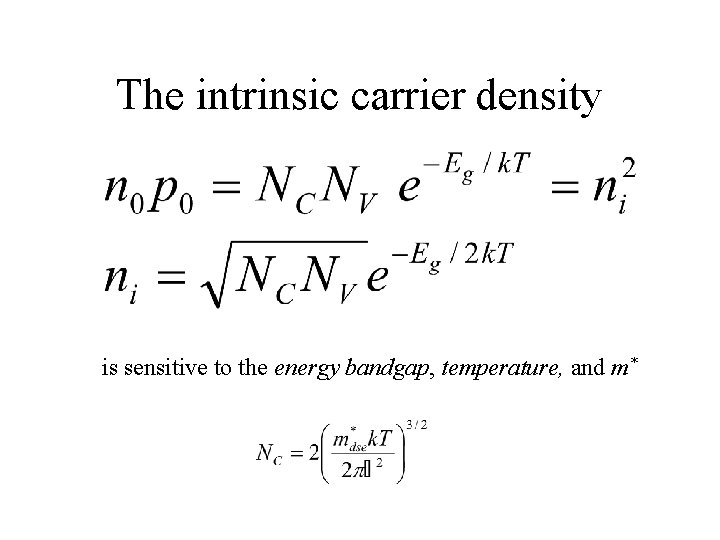 The intrinsic carrier density is sensitive to the energy bandgap, temperature, and m* 