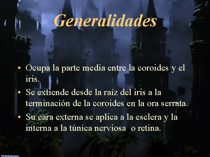 Generalidades • Ocupa la parte media entre la coroides y el iris. • Se