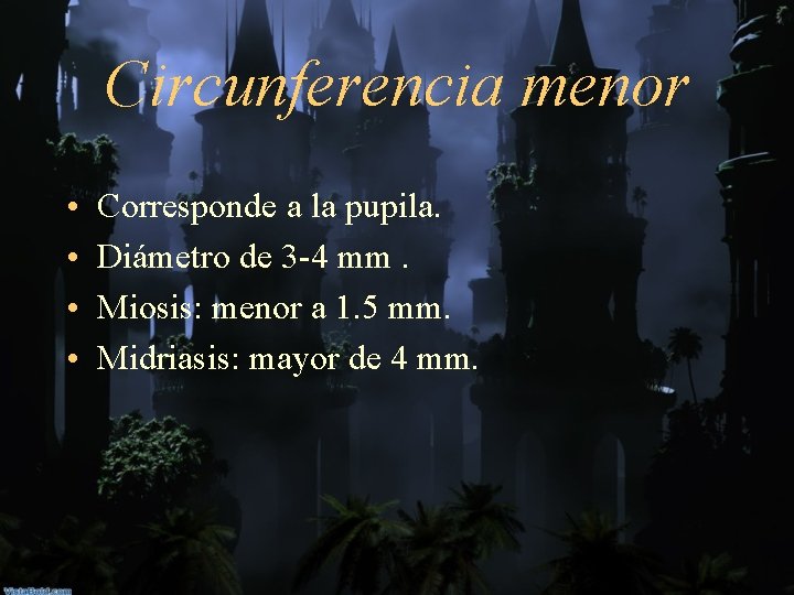 Circunferencia menor • • Corresponde a la pupila. Diámetro de 3 -4 mm. Miosis: