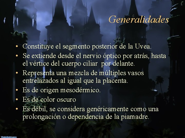 Generalidades • Constituye el segmento posterior de la Uvea. • Se extiende desde el