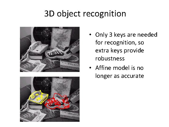 3 D object recognition • Only 3 keys are needed for recognition, so extra