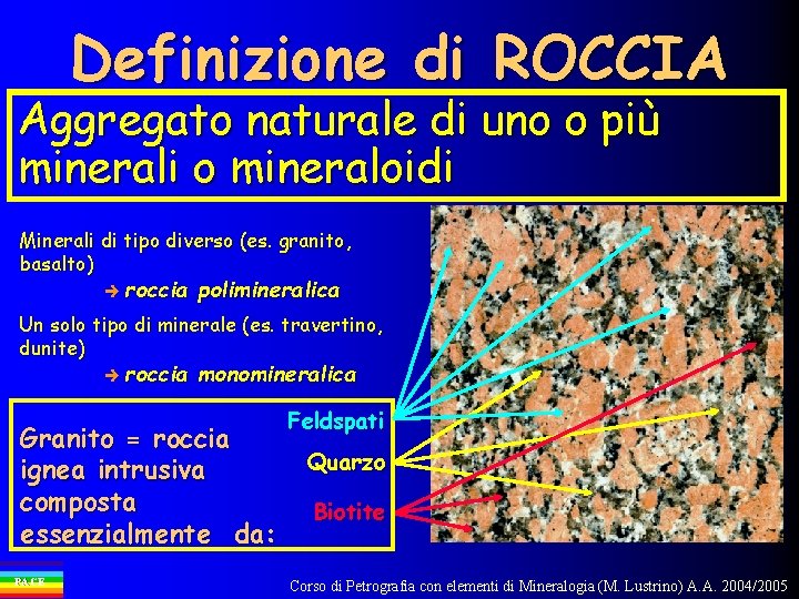 Definizione di ROCCIA Aggregato naturale di uno o più minerali o mineraloidi Minerali di