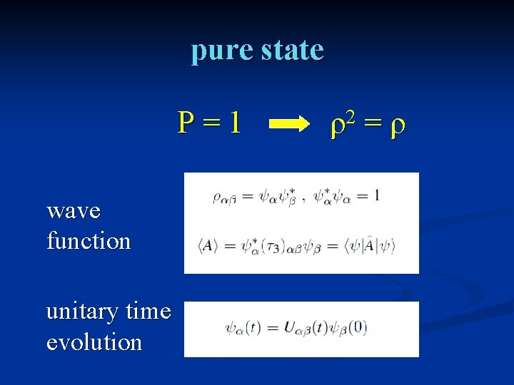 pure state P=1 wave function unitary time evolution ρ2 = ρ 