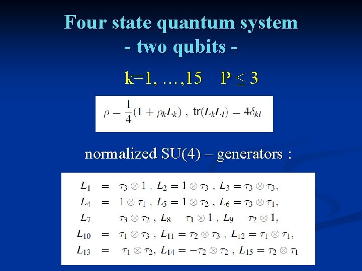 Four state quantum system - two qubits k=1, …, 15 P ≤ 3 normalized