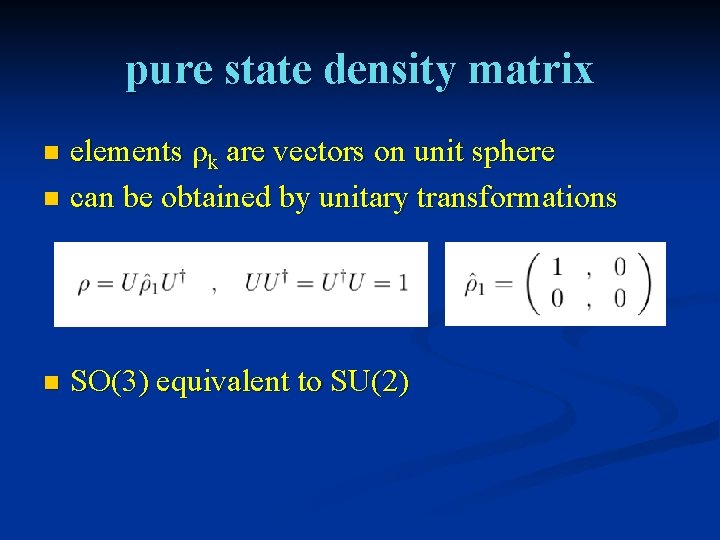 pure state density matrix elements ρk are vectors on unit sphere n can be