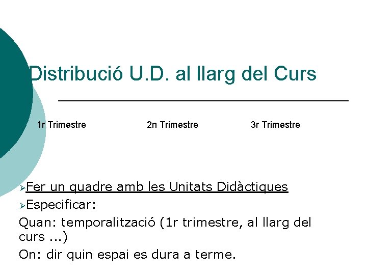 Distribució U. D. al llarg del Curs 1 r Trimestre ØFer 2 n Trimestre