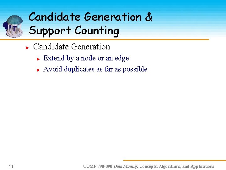 Candidate Generation & Support Counting Candidate Generation Extend by a node or an edge