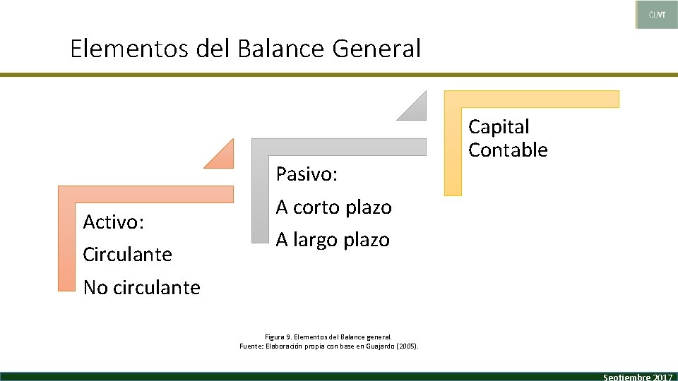 Elementos del Balance General Activo: Circulante No circulante Pasivo: A corto plazo A largo