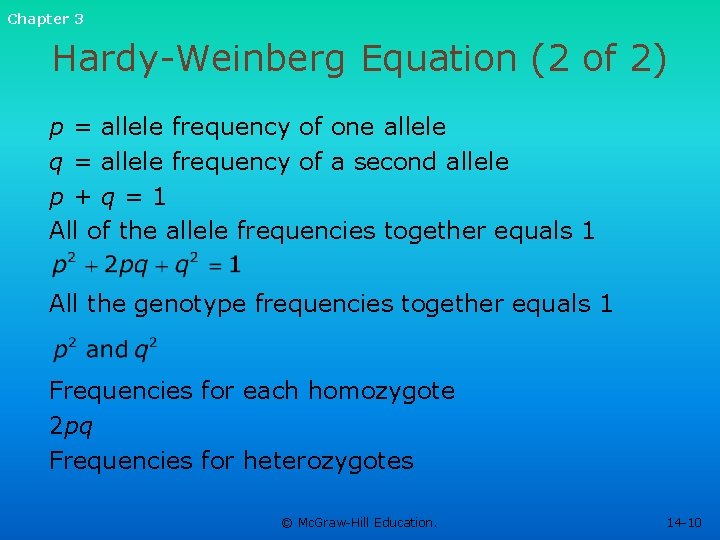 Chapter 3 Hardy-Weinberg Equation (2 of 2) p = allele frequency of one allele