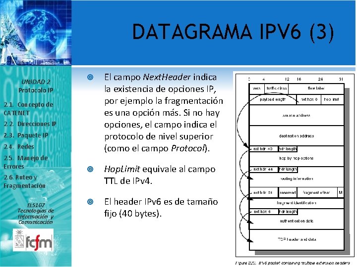 DATAGRAMA IPV 6 (3) UNIDAD 2 Protocolo IP El campo Next. Header indica la