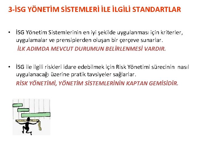 3 -İSG YÖNETİM SİSTEMLERİ İLE İLGİLİ STANDARTLAR • İSG Yönetim Sistemlerinin en iyi şekilde