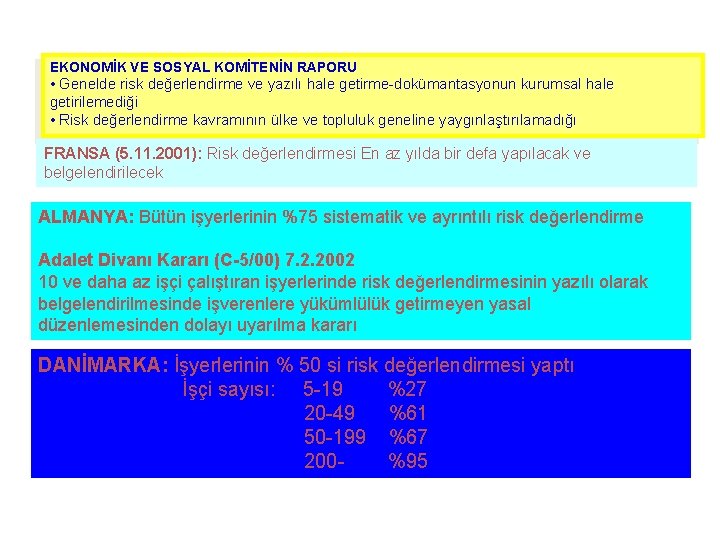 EKONOMİK VE SOSYAL KOMİTENİN RAPORU • Genelde risk değerlendirme ve yazılı hale getirme-dokümantasyonun kurumsal