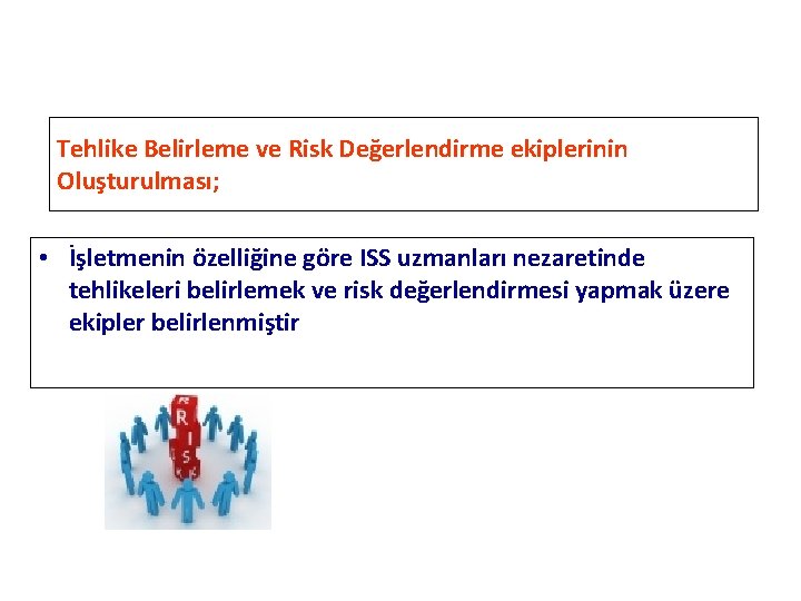 Tehlike Belirleme ve Risk Değerlendirme ekiplerinin Oluşturulması; • İşletmenin özelliğine göre ISS uzmanları nezaretinde