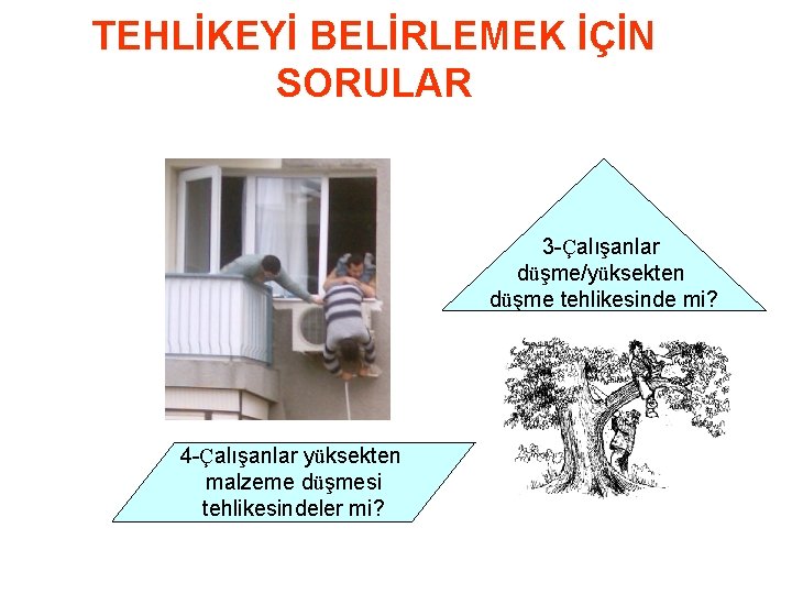 TEHLİKEYİ BELİRLEMEK İÇİN SORULAR 3 -Çalışanlar düşme/yüksekten düşme tehlikesinde mi? 4 -Çalışanlar yüksekten malzeme