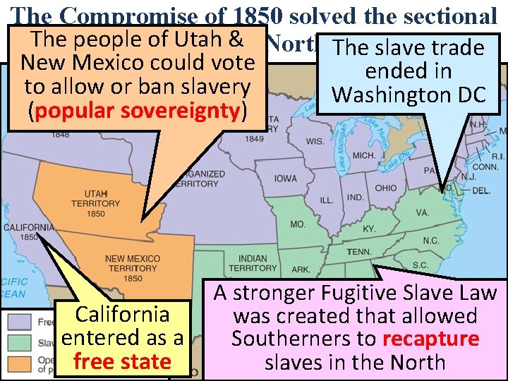 The Compromise of 1850 solved the sectional The people ofbetween Utah & North The