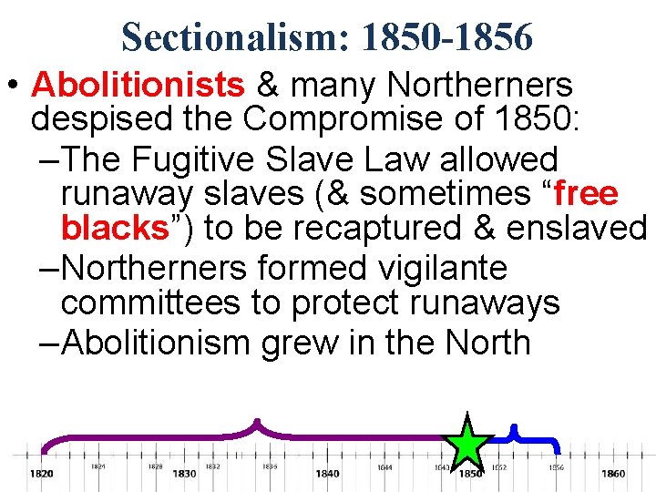 Sectionalism: 1850 -1856 • Abolitionists & many Northerners despised the Compromise of 1850: –The