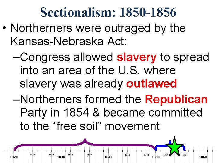 Sectionalism: 1850 -1856 • Northerners were outraged by the Kansas-Nebraska Act: –Congress allowed slavery