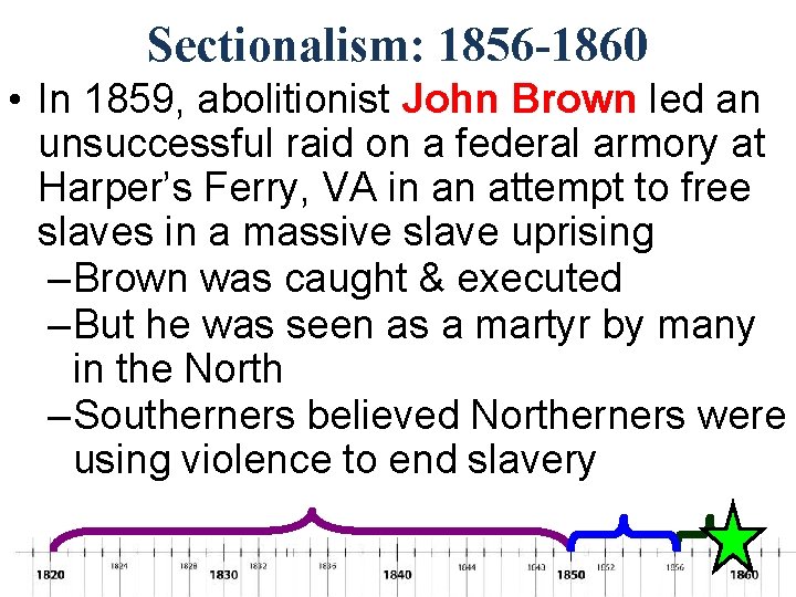 Sectionalism: 1856 -1860 • In 1859, abolitionist John Brown led an unsuccessful raid on