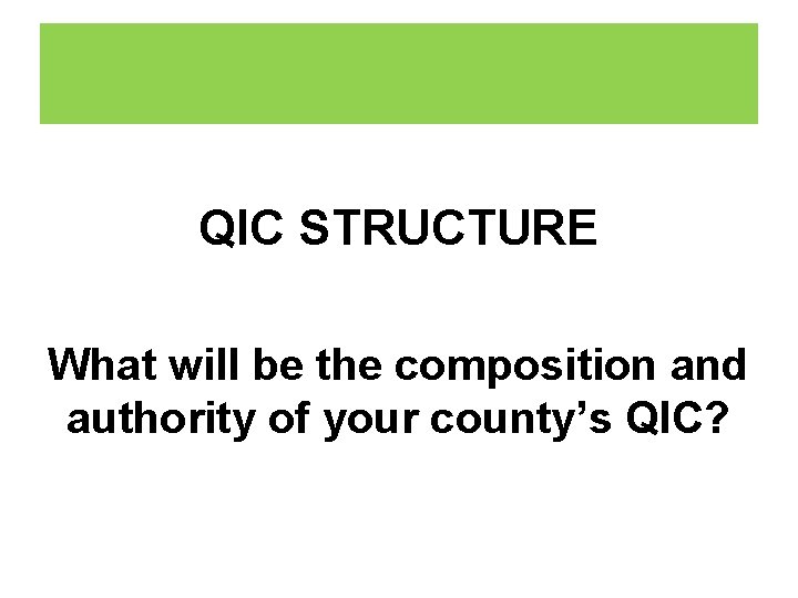 QIC STRUCTURE What will be the composition and authority of your county’s QIC? 